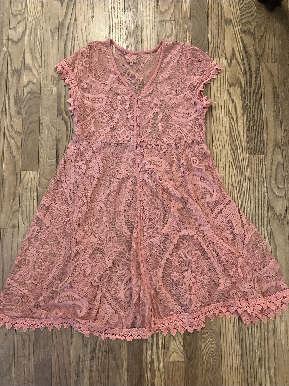 Sheer lace overdress in salmon pink - vintage tea party formal, unbranded 6-8